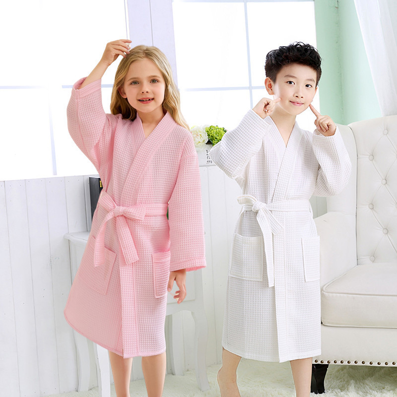 Spring and summer children's swimming bathrobe waffle big children's bathrobe bath absorbent quick-drying nightgown polyester cotton bath towel kimono collar