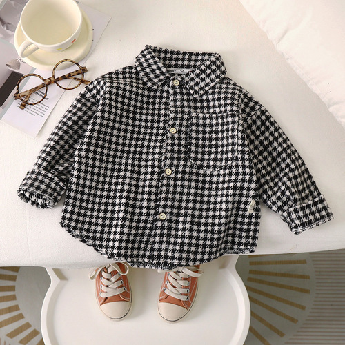 Children's Fall Long-Sleeve Shirt  Casual Medium and Large Kids Plaid Collared Shirt for Boys and Girls, Stylish and Trendy