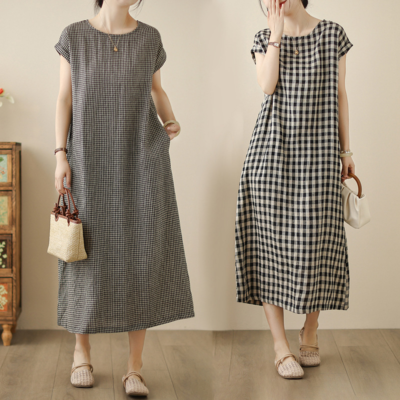 2025 Summer New Cotton and Linen Plaid Artistic Loose Casual Mid-Length Raglan Sleeve Dress for Women 2025 Summer New Cotton and Linen Plaid Artistic Loose Casual Mid-Length Raglan Sleeve Dress for Women