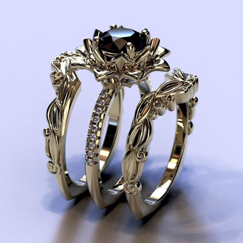 HUAJIE 국경 간 폭발 3 피스 링 뜨거운 판매 로즈 여성 세트 링 전기 도금 골드 상감 블랙 다이아몬드 쥬얼리