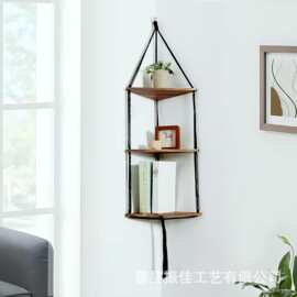 跨境免打孔麻绳一字隔板实木书架墙上装饰架层板客厅壁挂式置物架