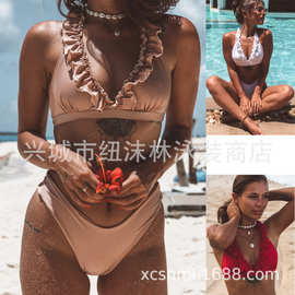 欧美新款速卖通亚马逊女式分体性感飞边系脖比基尼·度假泳衣
