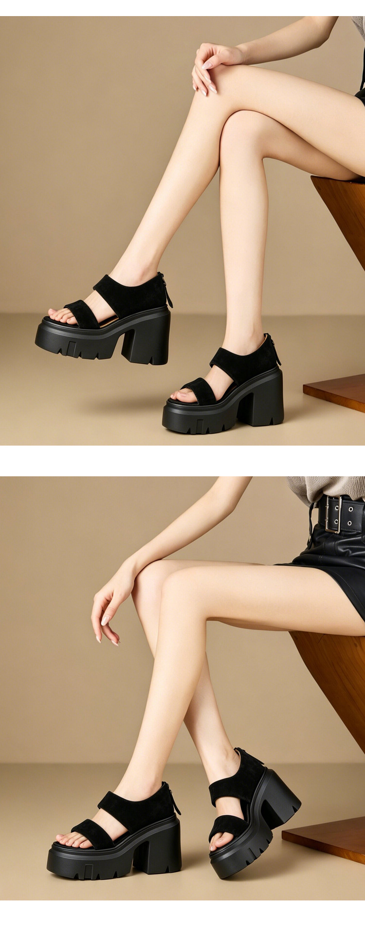 Sandal cao gót nữ quai ngang da cừu gót vuông 12 cm phong cách cổ điển La Mã — màu đen chi tiết 5