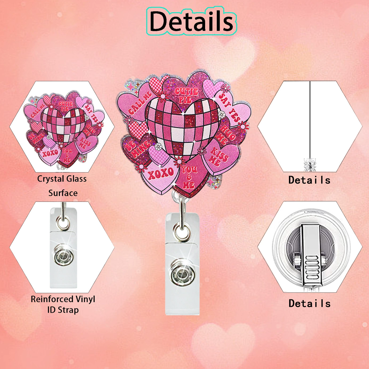 Valentine's Day Acrylic Glitter Badge Scroll Retractable Rotating Easy-Pull Button Document Buckle Gift