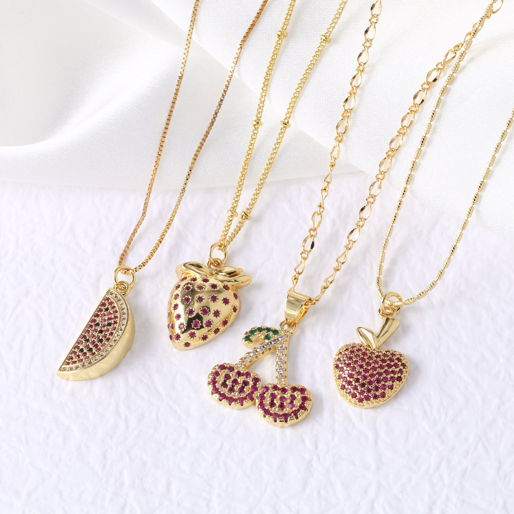 Holiday, Daily Occasion Copper Material Wholesale Jewelry Retro Cherry Fruit Strawberry Copper Zircon Plating Pendant Necklace Box Chain