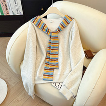 实拍特价长袖t恤卫衣女秋季新款潮条纹披肩假两件宽松V领韩版上衣