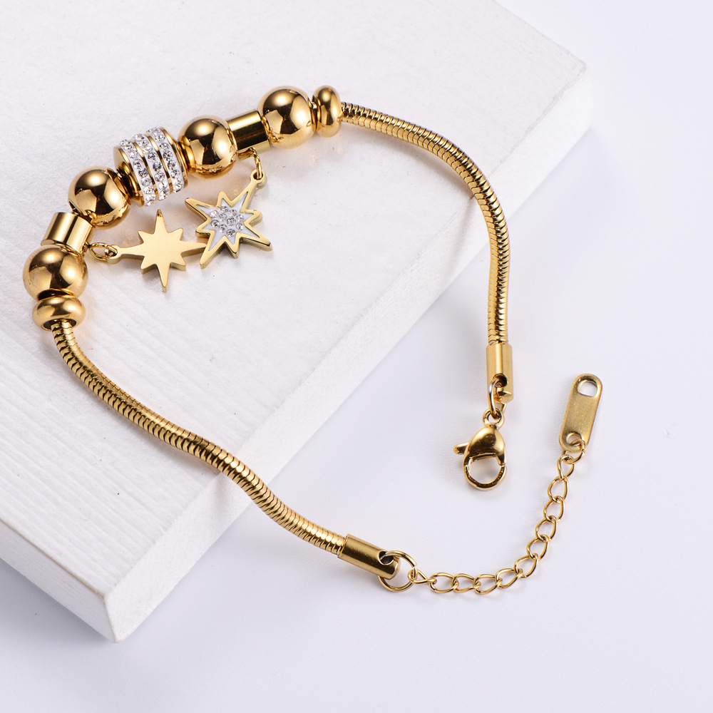 wholesale 18k gold diamond stainless steel ball star beaded snake bone bracelet NHON592179picture4