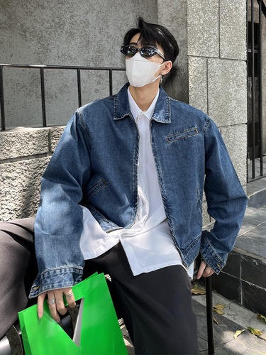 Leather-jacket minority design relaxed fit short-sleeve autumn retro distressed denim jacket for men with an Insta cool style