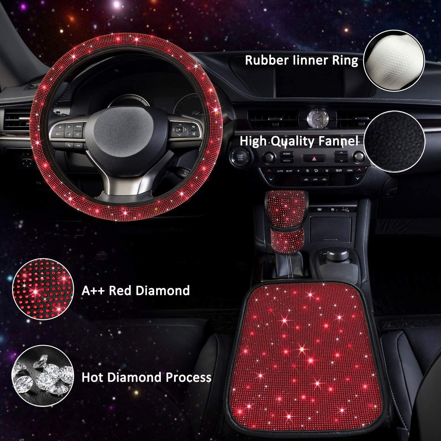New Fashionable Full-Diamond Car Steering Wheel Cover for Women, Universal Crystal Flash Diamond Anti-Slip Handlebar Cover for All Seasons