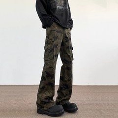 夏季美式高街微喇显瘦迷彩工装裤弹力修身牛仔裤复古休闲裤男女款