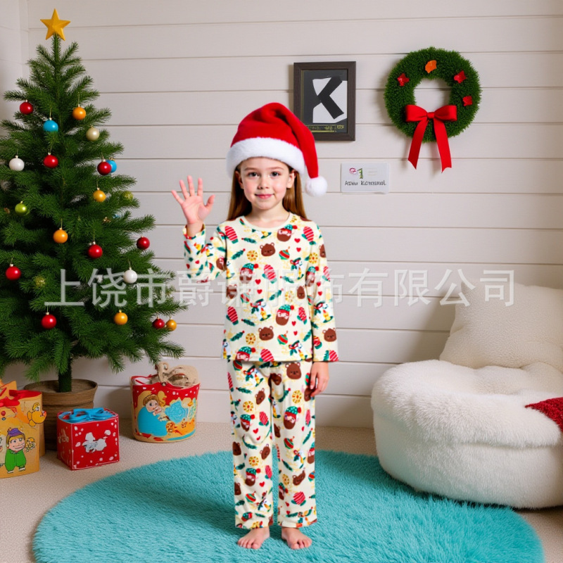2025圣诞亲子装家庭装欧美圣诞节日印花休闲圆领家居服棉睡衣套装|undefined