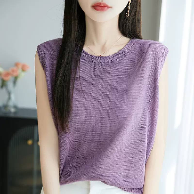 和纸纱针织背心新款2025夏季外穿纯色套头垂感圆领女式无袖针织衫