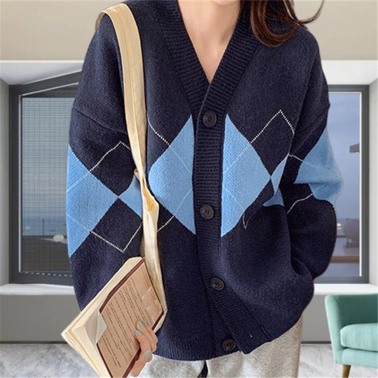 Ling karierte Pulloverjacke für Damen, Frühjahr 2024, neue koreanische Version, lockere und schlankmachende V-Ausschnitt-Strickjacke mit Knopfleiste für Damen_voghion.com