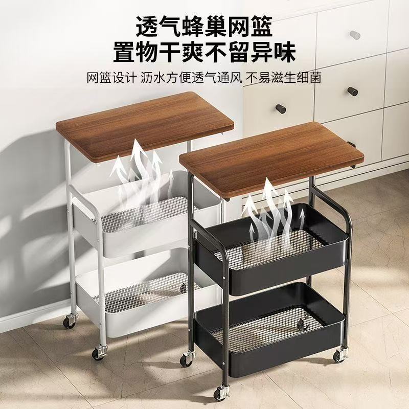 Mesa de té de doble capa móvil para uso doméstico simple carro pequeño estante de almacenamiento de artículos cocina dormitorio estante de almacenamiento de bocadillos