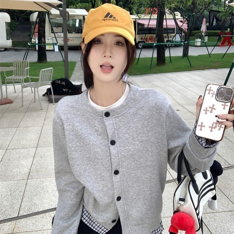 灰色格子假两件开衫外套女秋冬宽松银狐绒棒球服卫衣有吊牌毛绒