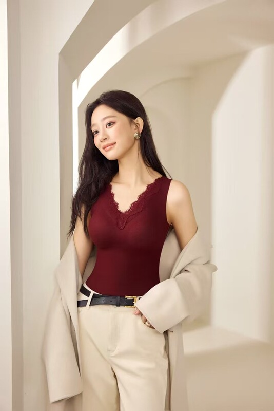 天然桑蚕丝羊绒V领蕾丝磨毛自热无痕秋冬保暖背心女修身内搭打底|undefined