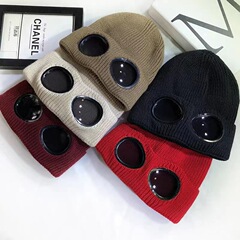 秋冬帽子眼镜装饰毛线帽飞行员蛤蟆镜保暖滑雪加绒加厚针织帽男女
