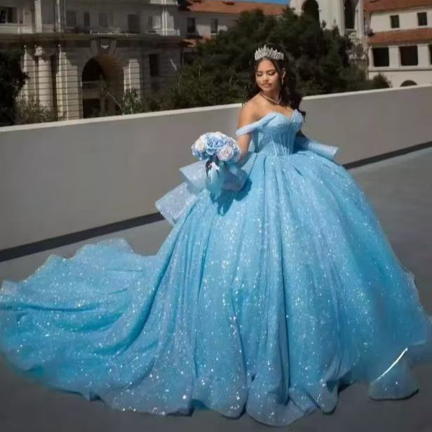 One-Shoulder Ball Gown Evening Dress 2026 New Model Aliexpress Amazon Cross-Border Sheer Dress with Train Plus Size