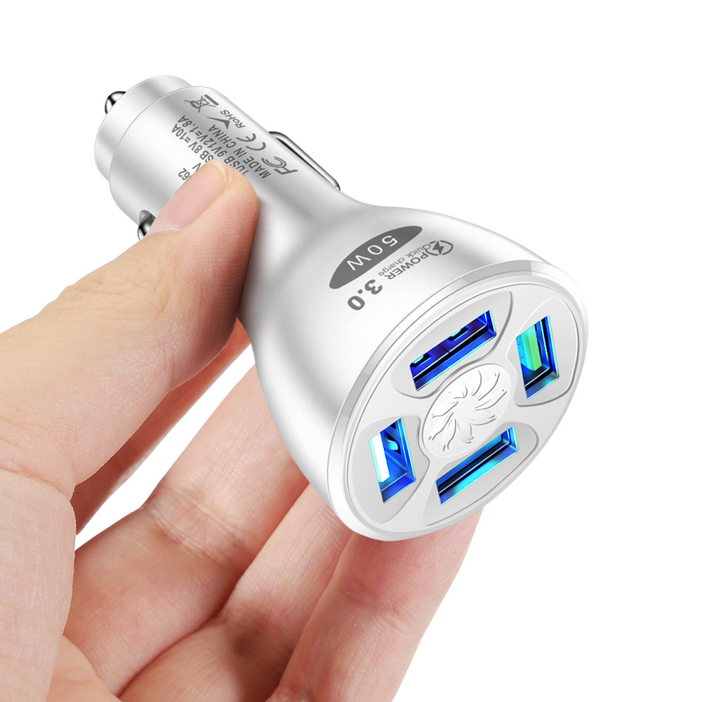 Label 50W QC3.0 4USB Car Charger Fast Charging Car Charger One-Pin-to-Four Car Charger Cross-Border Wholesale