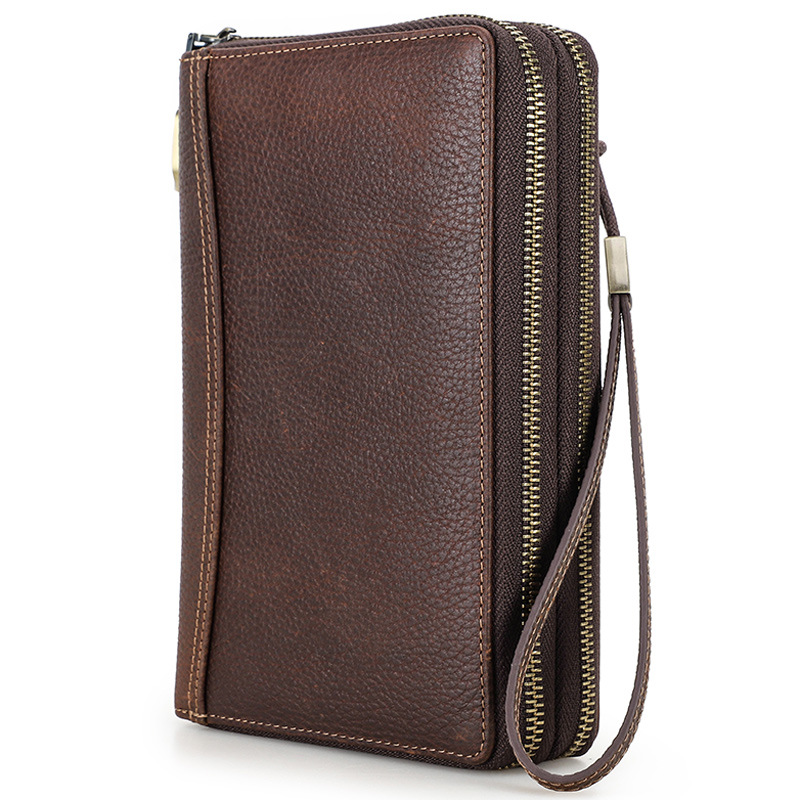 Black Angel Litchi Leather RFID Anti-theft Brush Double Zipper Clutch Wrist Strap With Password Lock Travel Passbook Bag