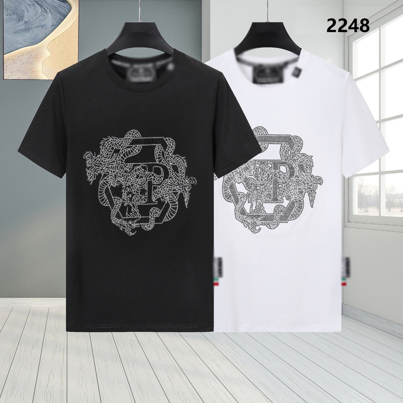 Plein Men's Top Philip Plein Short-Sleeve T-Shirt Pure Cotton Rhinestone High-Quality Breathable Round Neck Slim Fit