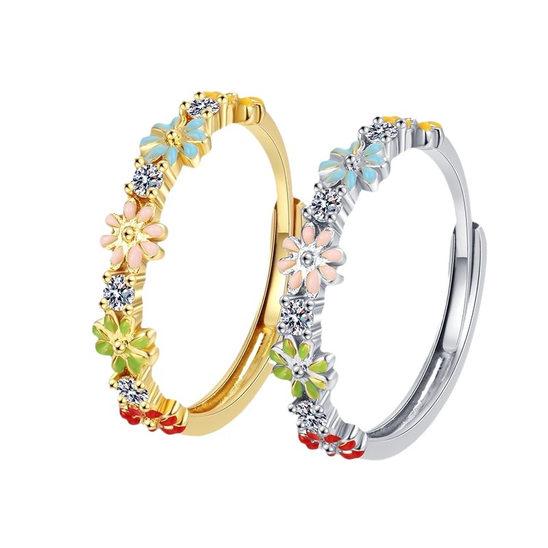 Cross-border new color zircon ring non-fading sweet cute all-match flower ring adjustable jewelry wholesale