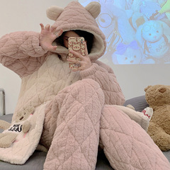 冬季加厚加絨三層夾棉孕婦睡衣提花產婦餵奶哺乳月子服連帽珊瑚絨