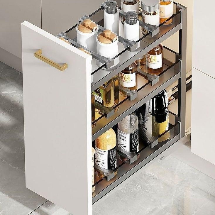 Cesta de condimento del gabinete de cocina doméstica Cesta de condimento del gabinete estrecho Cesta de condimento del cajón Estante de almacenamiento Cesta de condimento de tamaño pequeño incorporada