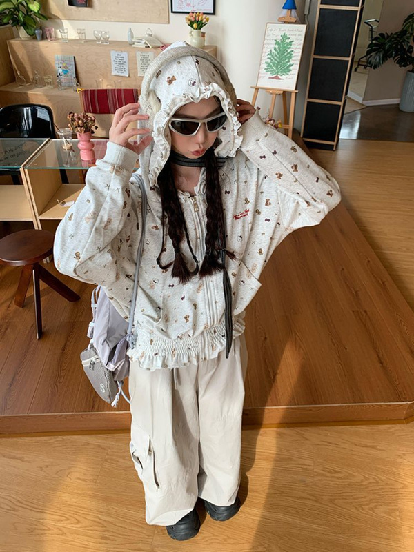 美式高街小狗满印褶邹花边连帽卫衣女春秋薄款高级感甜酷短款外套|undefined