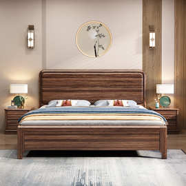 中式实木床中小户型家用卧室胡桃木床轻奢大气高箱储物主卧婚床