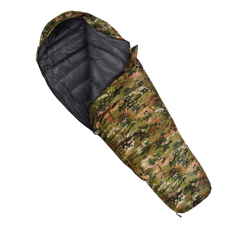 Fábrica al por mayor al aire libre pato abajo ultraligero abajo saco de dormir momia caliente abajo saco de dormir de una sola pieza de entrega