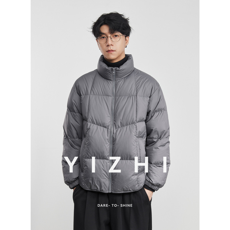 Yizhi "Simple Gray Warm" 90% White Duck down Solid Color Stand Collar down Jacket for Men, Winter Warm Outdoor Windproof Puffer Jacket Yizhi "Simple Gray Warm" 90% White Duck down Solid Color Stand Collar down Jacket for Men, Winter Warm Outdoor Windproof Puffer Jacket