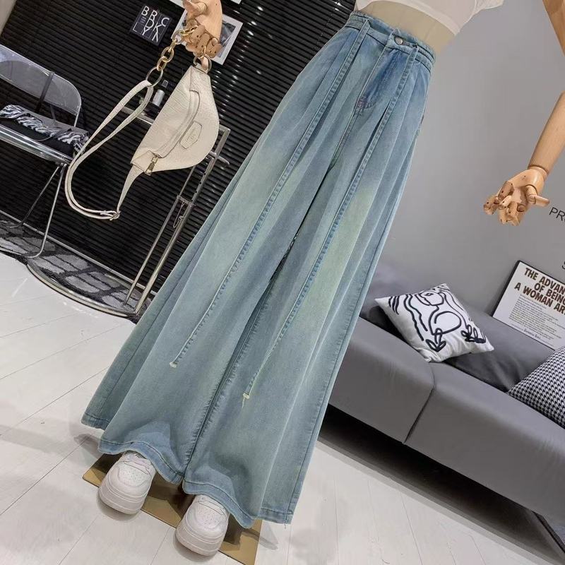 女性用の薄いハイウエストジーンズ、2025年の新しい夏のデザイン、ゆったりとしたドレープ、スリムなワイドレッグフロアレングスパンツ|undefined