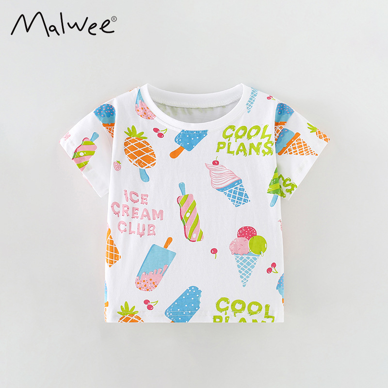 Malwee transfronterizo camiseta infantil de verano nuevo estilo europeo y americano impresión de aire extranjero de cuello redondo de manga corta chaqueta casual