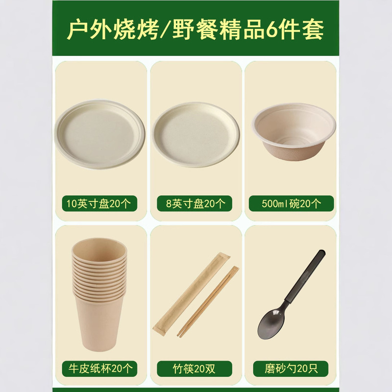 Outdoor Talent Picnic Disposable Bowl Plate Chopsticks Cup Spoon Party suit Degradable Paper Bowl Tableware Cup suit