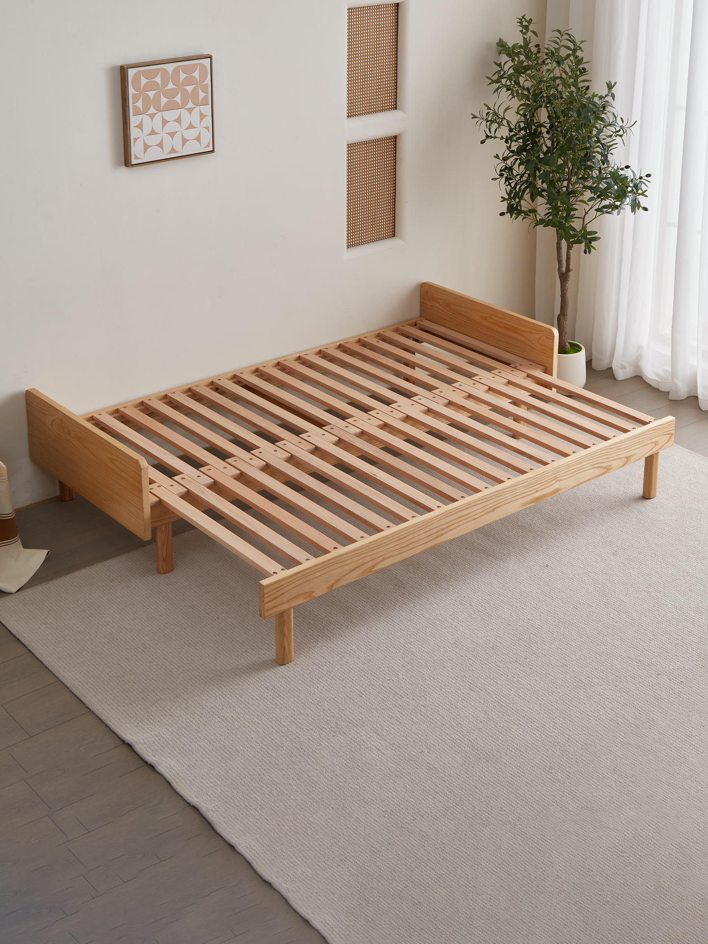 Solid Wood Pull-Out Bed Frame, Solid Wood Beech Push-Pull Folding Splicing Dual-Purpose Sofa Bed, Single Bed Becomes Double Bed