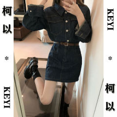 高档秋冬连衣裙长袖收腰显瘦大码胖mm牛仔包臀裙a字百搭气质裙子