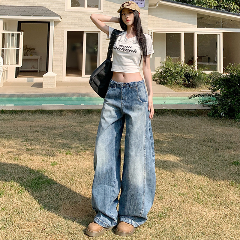 [Jinyin] American Style Retro Design Sense Denim Machete Wide Leg Pants Men and Women All-match Slim Trend