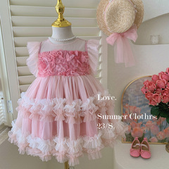 Girls' Dress 2024 Summer New Arrival Baby Girl Korean Style Trendy Net Puff Dress Children Fairy Ball Gown Dress