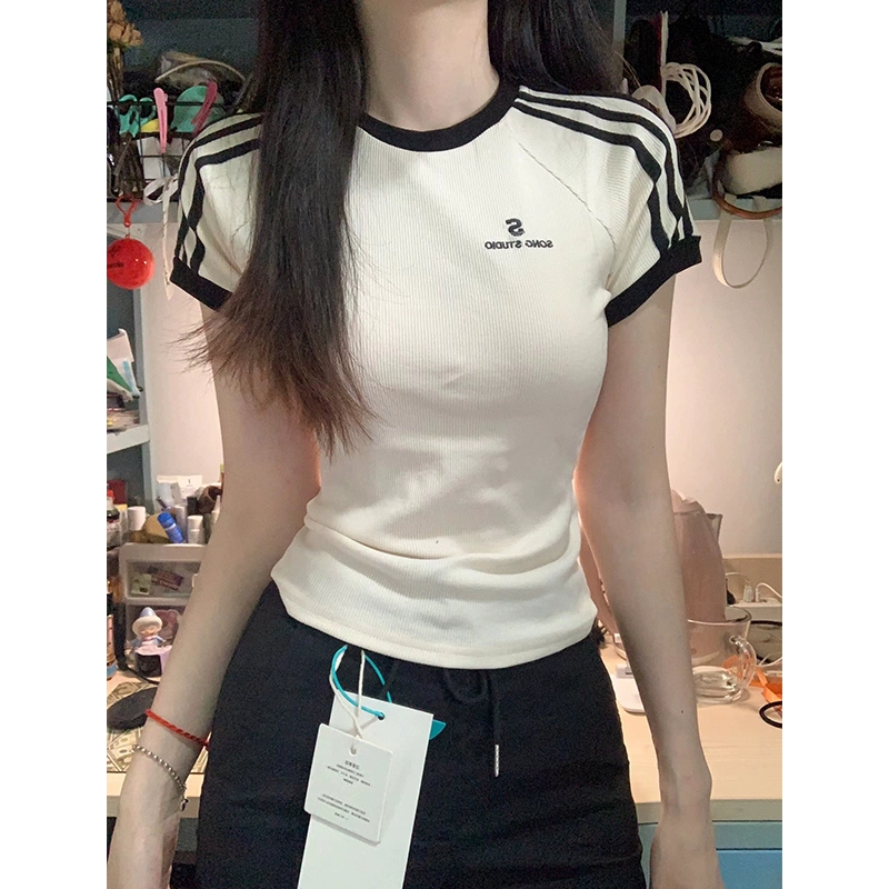 Модная нишевая хлопковая футболка с короткими рукавами в полоску и лоскутным принтом для женщин, летний облегающий топ