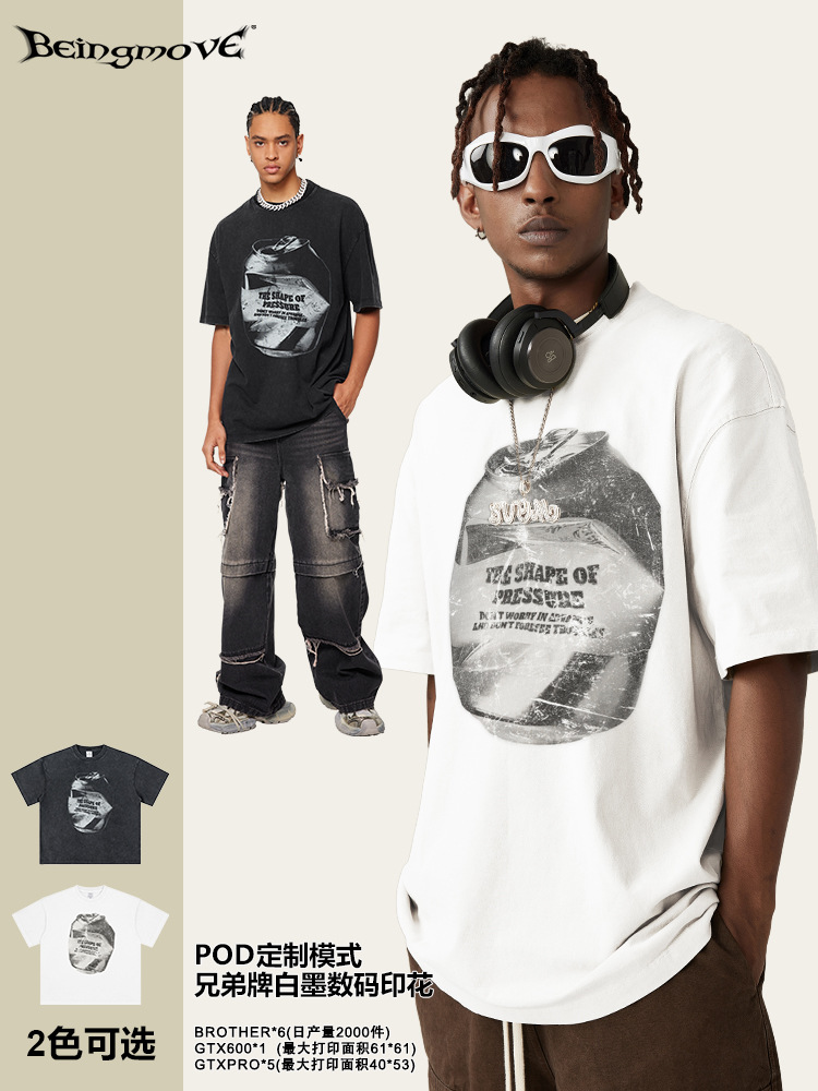 2025 verano americano marcas de tendencia de tamaño europeo in latas impresión de hombro pesado camiseta de manga corta gran ropa de hombre comercio exterior