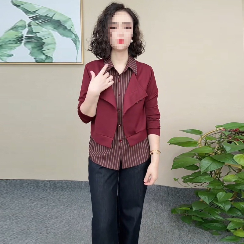 假两件长袖衬衫女2025秋季新款洋气显瘦宽松拼接百搭翻领衬衣上衣|undefined