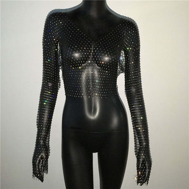 De Europa y América transfronteriza de las mujeres calientes de malla de diamantes de imitación red de pesca de manga larga Sexy Slim rhinestone Top party chica caliente de manga larga