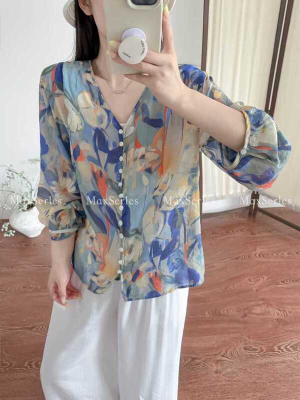 Summer New Short-Sleeved Shirt Korean Style Printed V Neck Shirt Loose Women's Cardigan Three-Quarter Sleeve Shirt 6378