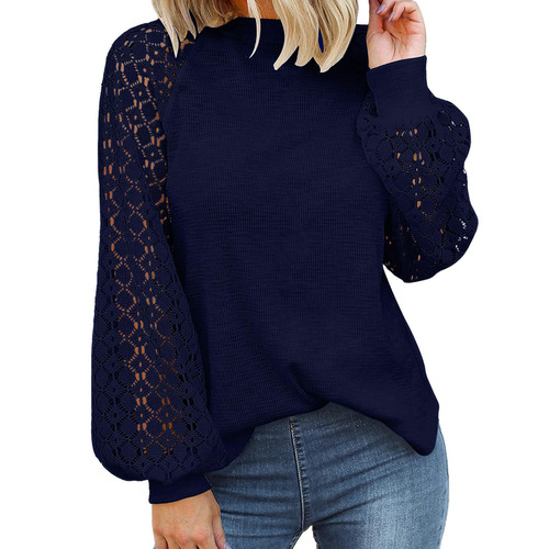 European and American New Independent Website Round-Neck Long-Sleeved Lace-Matching Loose Top for Women