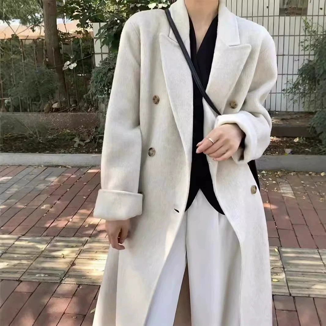 Двубортное шерстяное двустороннее кашемировое пальто для женщин, новинка осени-зимы 2023, свободное длинное шерстяное пальто в корейском стиле