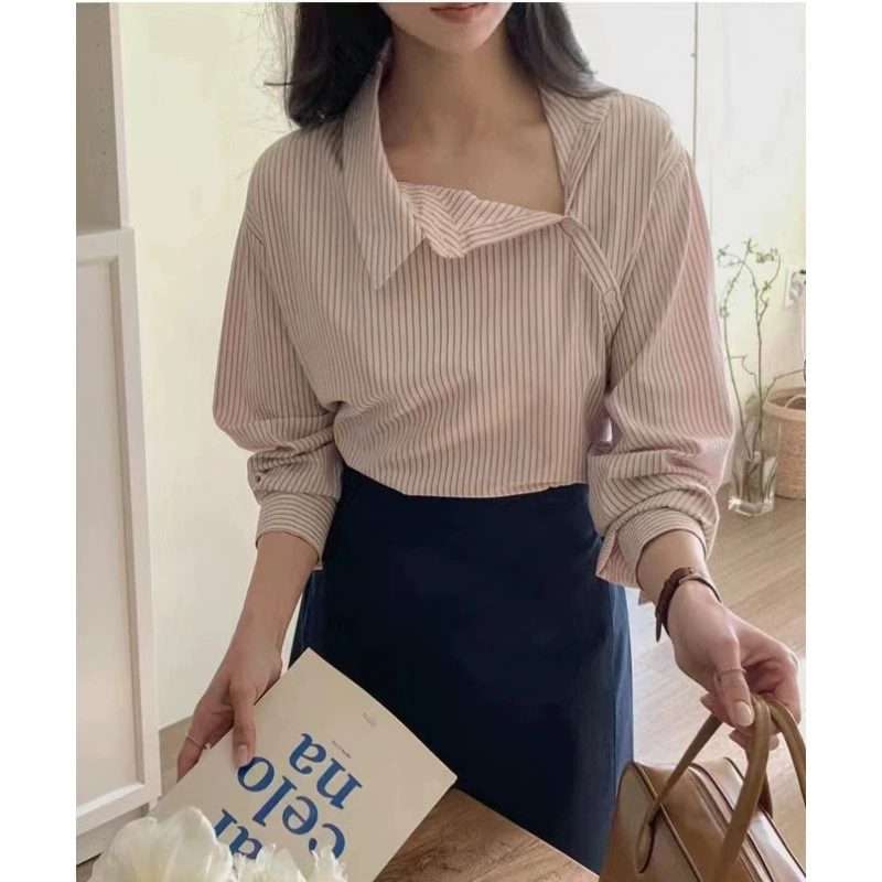 Шикарный дизайн в корейском стиле, шикарная асимметричная диагональная рубашка с длинными рукавами и пуговицами, топ двух цветов