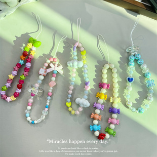 Personalized Colorful Rice Beads Mobile Phone Lanyard Bow Pendant Dopamine Crystal Lanyard Cloud Heart Candy Decoration