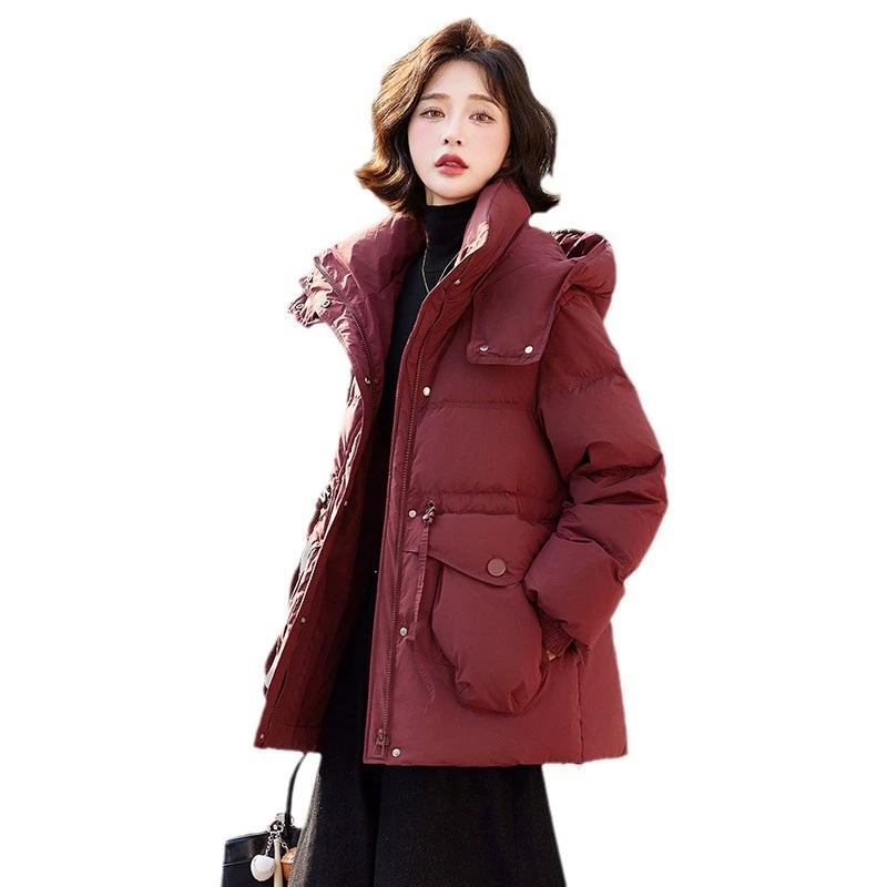 Long down jacket, mid‑length oversize with hood and drawstring waist