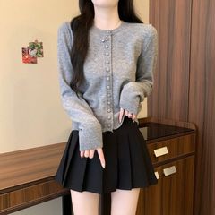 安迪绒春秋新款洋气圆领针织开衫外套女宽松薄款休闲气质上衣毛衣